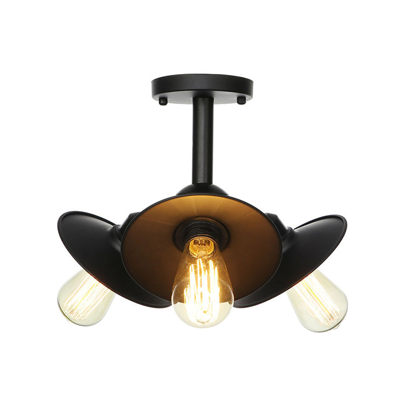 Vintage Indoor Ceiling Light - Black Flush Mount With Metallic Cone/Saucer Shade