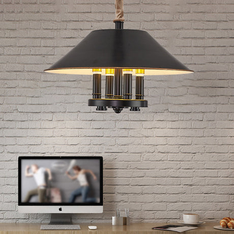 Vintage Black Cone Shade Chandelier - 4-Light Metal Pendant Lamp For Dining Room