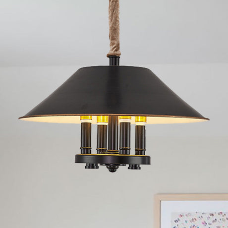 Vintage Black Cone Shade Chandelier - 4-Light Metal Pendant Lamp For Dining Room