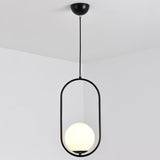 Mid-Century Globe Pendant Lamp With White Glass Shade And Metal Ring Black / 16