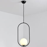 Mid-Century Globe Pendant Lamp With White Glass Shade And Metal Ring Black / 19.5