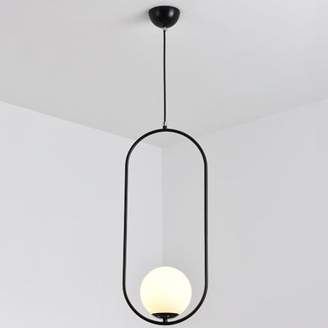 Mid-Century Globe Pendant Lamp With White Glass Shade And Metal Ring Black / 23.5