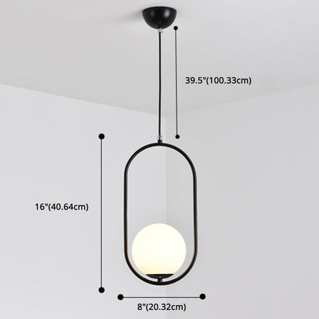 Mid-Century Globe Pendant Lamp With White Glass Shade And Metal Ring