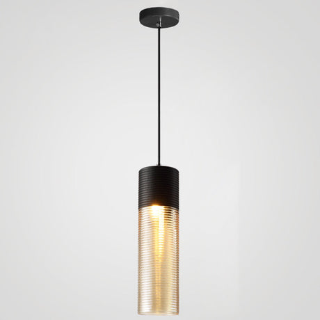 Modern Black Metal Pendant Light With Ribbed Glass Shade / 4
