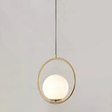 Mid-Century Globe Pendant Lamp With White Glass Shade And Metal Ring