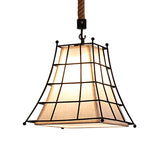 Rustic Black Wire Frame Hanging Lamp With Fabric Shade - 1 Light Suspension