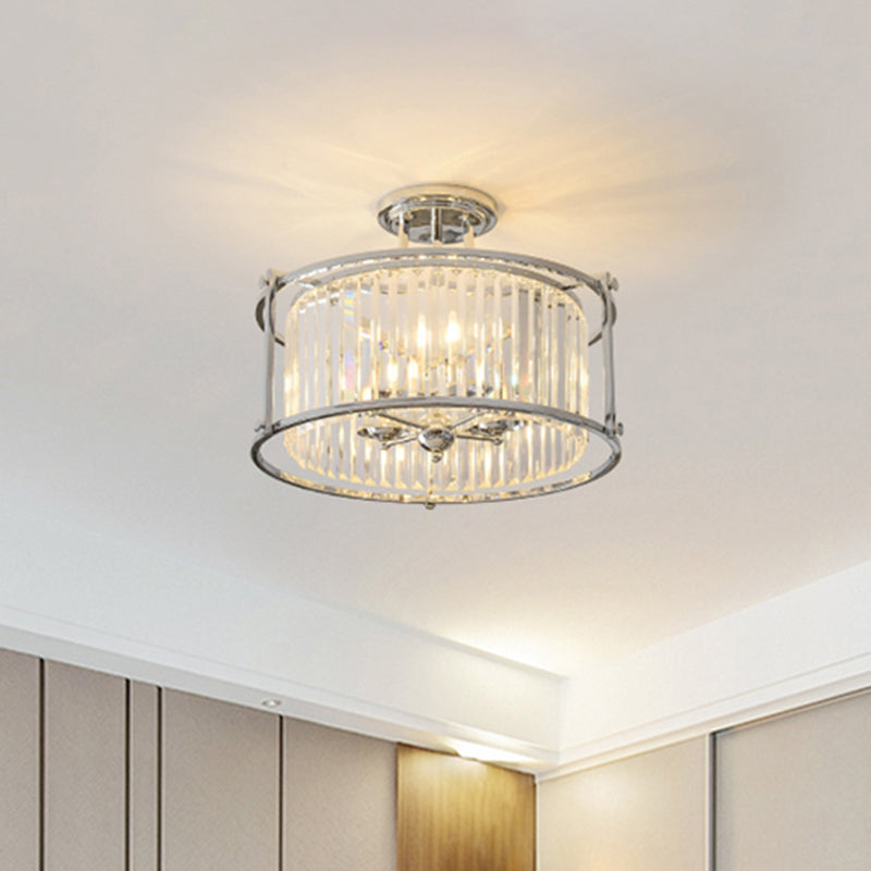 Vintage Chrome Metal Frame Drum Semi Flush Mount Ceiling Light With Crystal Prism - 4 Lights