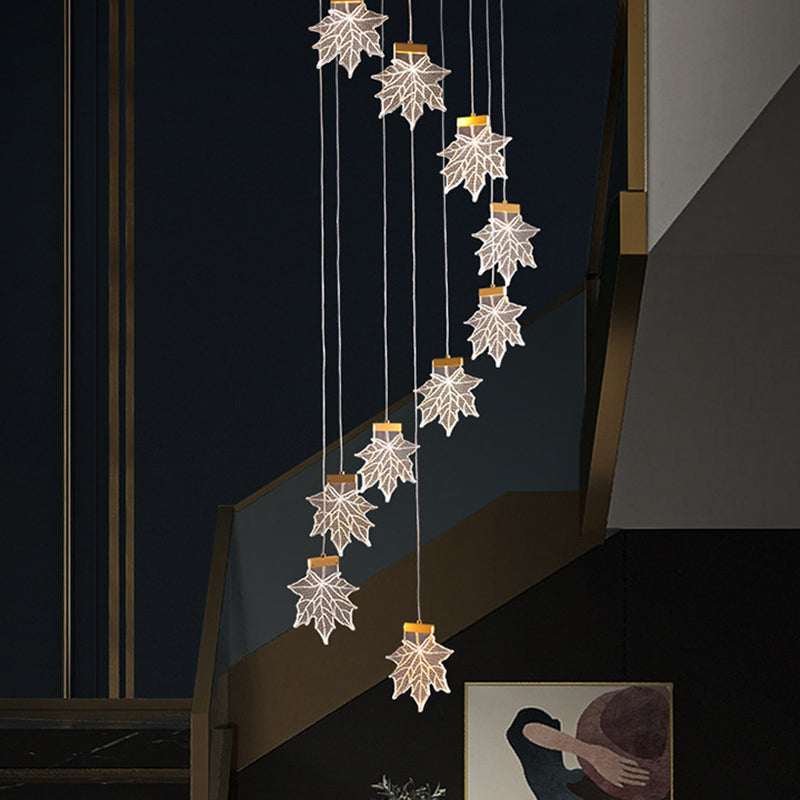 Acrylic Gold Led Pendant Lamp With Maple Leaf Cluster Design For Staircases