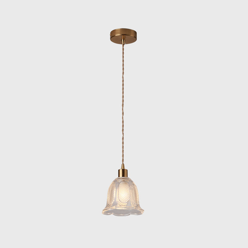 Modern Brass Bedside Pendant Lamp With Clear Glass Shade - Single-Bulb Pendulum Light / Flower