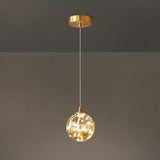 Amber Glass Led Pendant Lamp With Brass Finish - Nordic Style Lighting For Bedroom