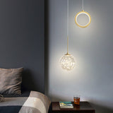 Minimalist Gold Glass Ball & Ring Led Pendant - 2-Light Starry Suspension Light For Bedroom