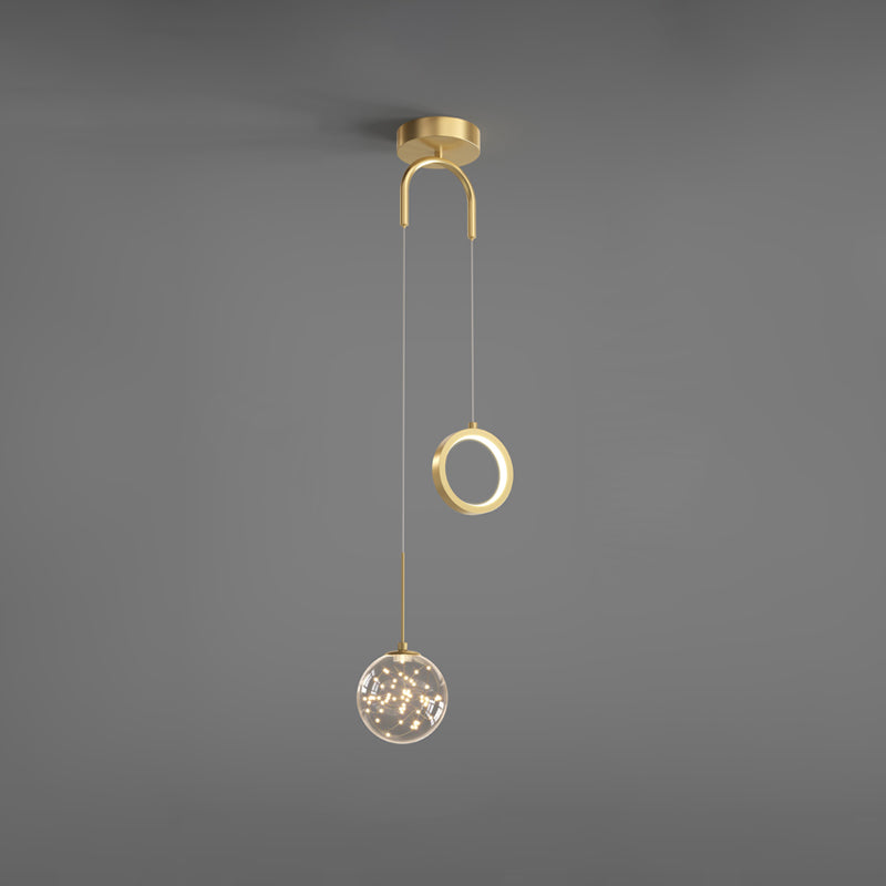Minimalist Gold Glass Ball & Ring Led Pendant - 2-Light Starry Suspension Light For Bedroom / Third