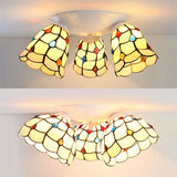 Tiffany Style Domed Ceiling Fixture Stained Glass 3 Lights In Beige - 6/8 Wide