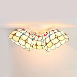 Tiffany Style Domed Ceiling Fixture Stained Glass 3 Lights In Beige - 6/8 Wide / 8