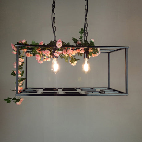 Vintage Metallic Rectangle Cage Hanging Lamp With Flower Decoration In Black - 2 Bulb Ceiling