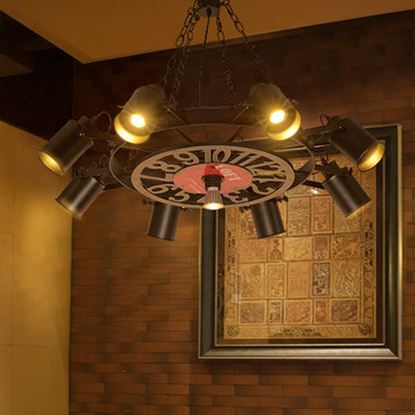 Nautical Vintage Industrial Chandelier: Black Wrought Iron Wheel-Shaped Hanging Light Fixture For