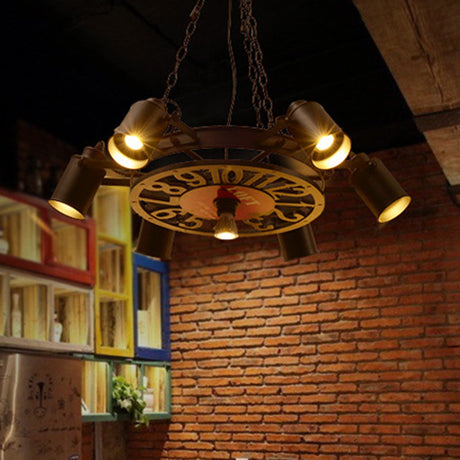 Nautical Vintage Industrial Chandelier: Black Wrought Iron Wheel-Shaped Hanging Light Fixture For
