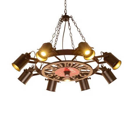 Nautical Vintage Industrial Chandelier: Black Wrought Iron Wheel-Shaped Hanging Light Fixture For