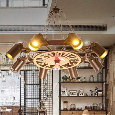 Nautical Vintage Industrial Chandelier: Black Wrought Iron Wheel-Shaped Hanging Light Fixture For