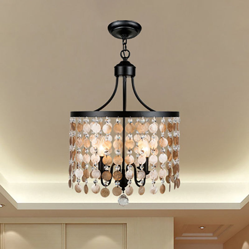 Vintage Style Round Chandelier Light - Metal And Shell 4 Lights Black Bedroom Suspension