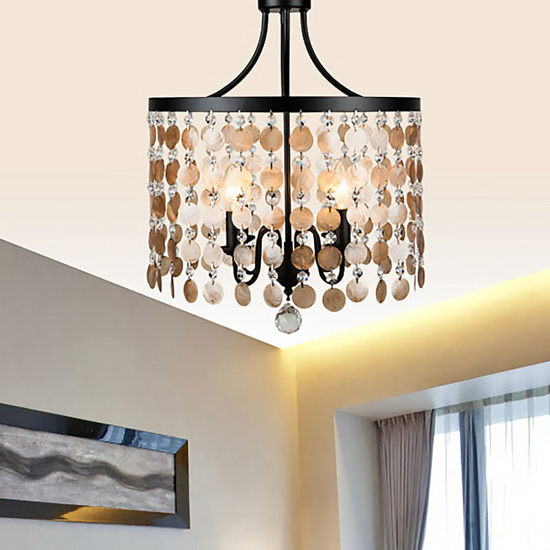 Vintage Style Round Chandelier Light - Metal And Shell 4 Lights Black Bedroom Suspension
