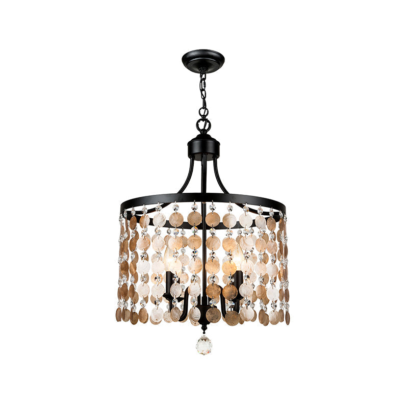 Vintage Style Round Chandelier Light - Metal And Shell 4 Lights Black Bedroom Suspension