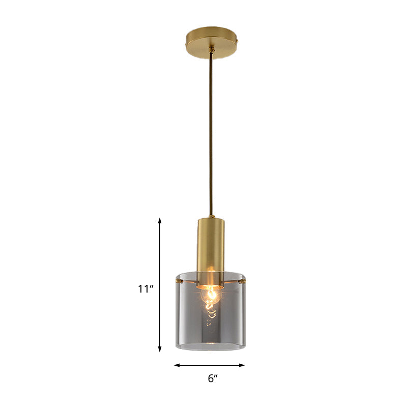Modern Clear Glass Cylinder Pendant Light With Brass Finish | Ideal For Dining Room Ceiling