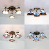 Retro Style Geometric Stained Glass Ceiling Light Fixture - 3 Lights With Wire Mesh And Elegant
