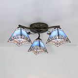 Retro Style Geometric Stained Glass Ceiling Light Fixture - 3 Lights With Wire Mesh And Elegant