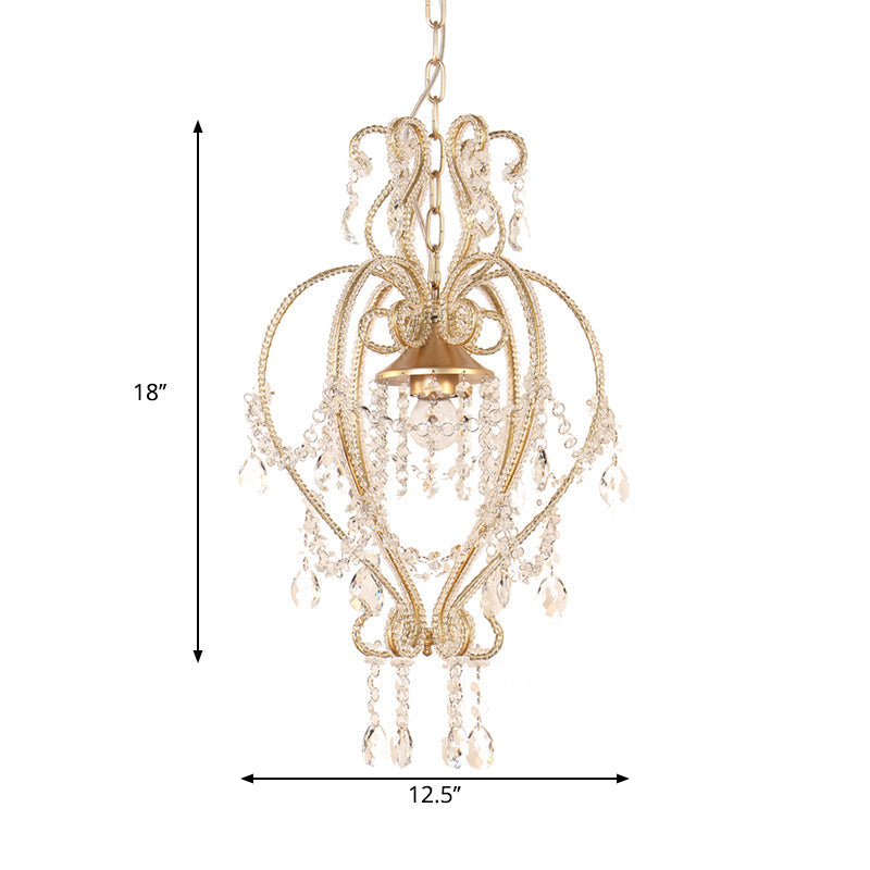Victorian Scroll Frame Pendant Ceiling Lamp - Single Golden Metallic Light With Crystal Accent