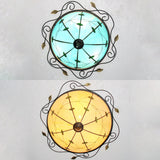 Tiffany Style Stained Glass Round Ceiling Light Fixture With Leaf Pattern - Beige/Blue 3 Bulbs