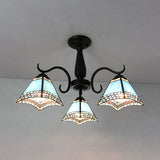 Rustic Stained Glass Ceiling Light Fixture With Geometric Semi Flush Design 3 Heads