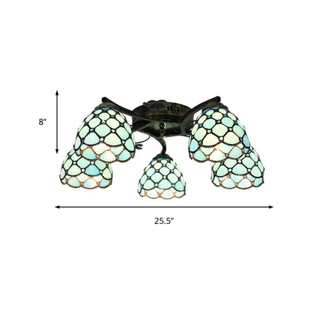 Tiffany Stained Glass Ceiling Light With 5 Scalloped Heads In Antique Bronze - Perfect For Bedroom