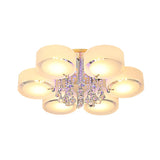 Modern Drum Flush Mount With Frosted Glass & Crystal Drop - 3/5/6 Head White Ceiling Light