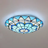 Vintage Stained Glass Flush Mount Ceiling Light In Blue - 12’/16’ Bowl Shape
