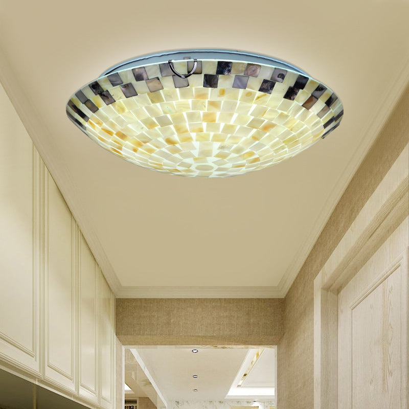 Vintage Mosaic Glass Flush Mount Ceiling Light - Beige Bowl 1 Bulb 12/16/19.5 Wide Ideal For Dining