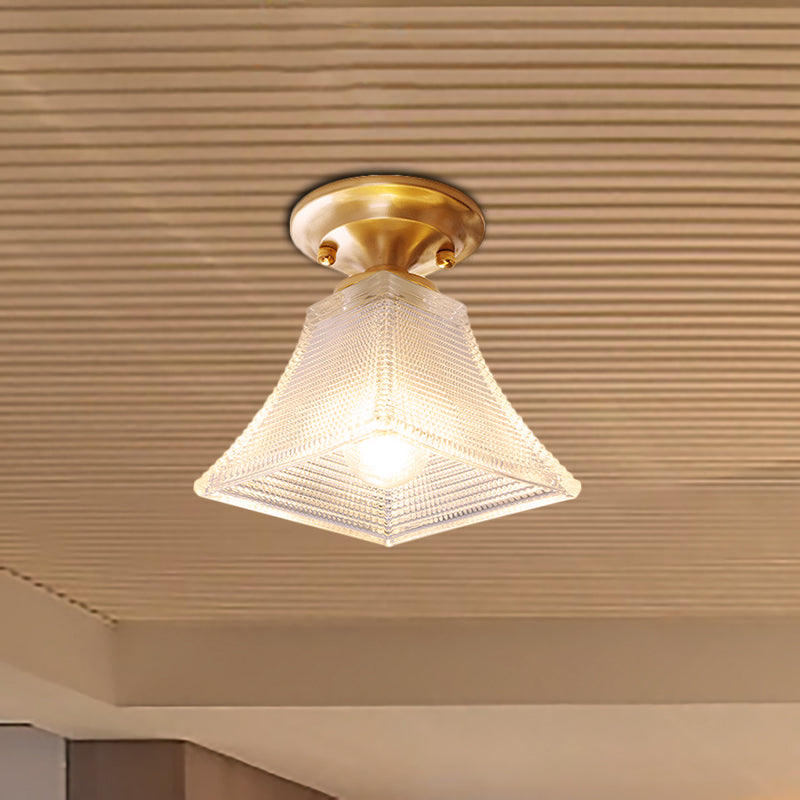 Colonial Brass Clear Ribbed Glass Flush Mount Light - 7.5/8 Width Cone/Bell Ceiling Fixture Single