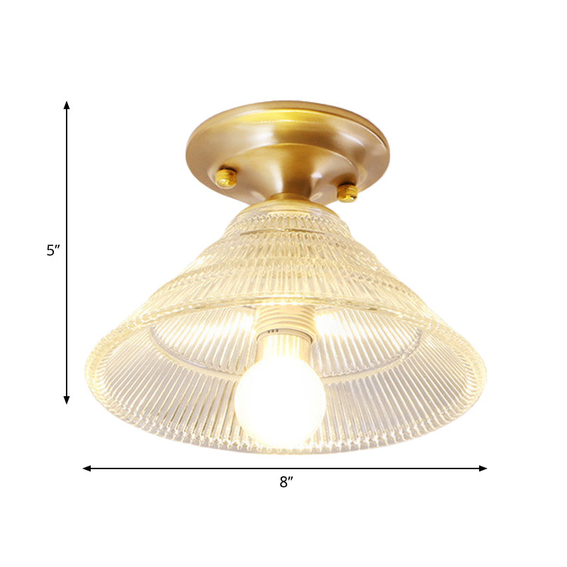 Colonial Brass Clear Ribbed Glass Flush Mount Light - 7.5/8 Width Cone/Bell Ceiling Fixture Single
