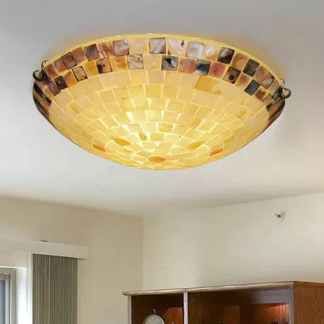 Vintage Mosaic Glass Flush Mount Ceiling Light - Beige Bowl 1 Bulb 12/16/19.5 Wide Ideal For Dining