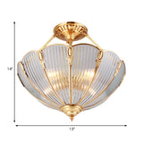 Brass Semi Flush Mount Ceiling Light With Ribbed Glass Shades For Dining Room
