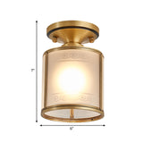 Colonial Cylinder Ceiling Light Fixture - 1 Bulb White Glass Flush Mount Brass Lighting