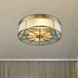 Milky Glass Ceiling Mounted Fixture: Colonial 3-Bulb Bedroom Flush Mount Lamp In Brass