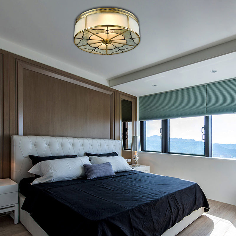 Milky Glass Ceiling Mounted Fixture: Colonial 3-Bulb Bedroom Flush Mount Lamp In Brass