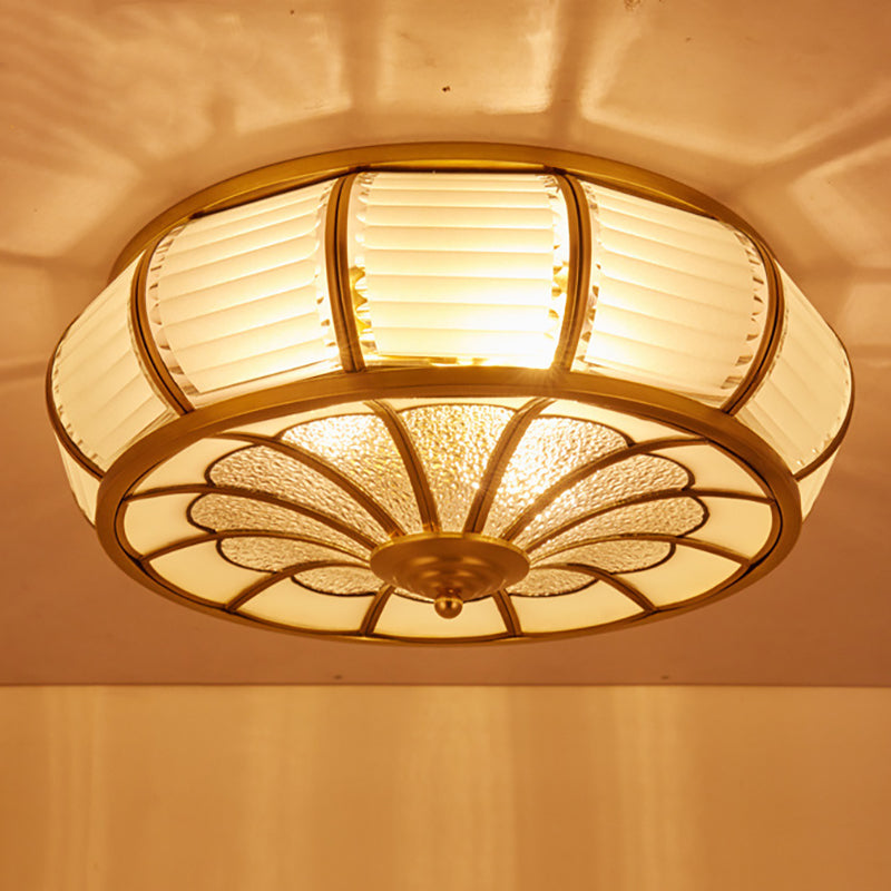 Colonial Cream Glass Drum Ceiling Lighting - 3/4 Heads Flush Mount Fixture Brass Finish 14/16.5