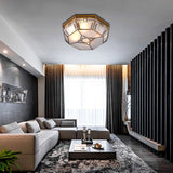 Opal Glass Flush Light With 3 Heads - Brass Finish Octagonal Shape Bedroom Ceiling Lighting