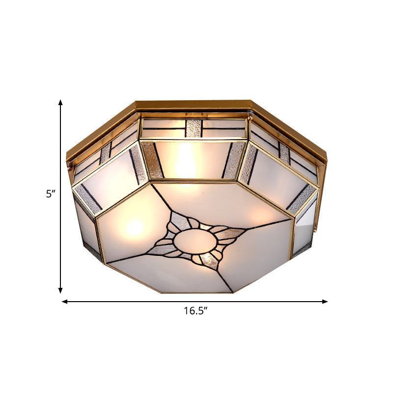 Opal Glass Flush Light With 3 Heads - Brass Finish Octagonal Shape Bedroom Ceiling Lighting