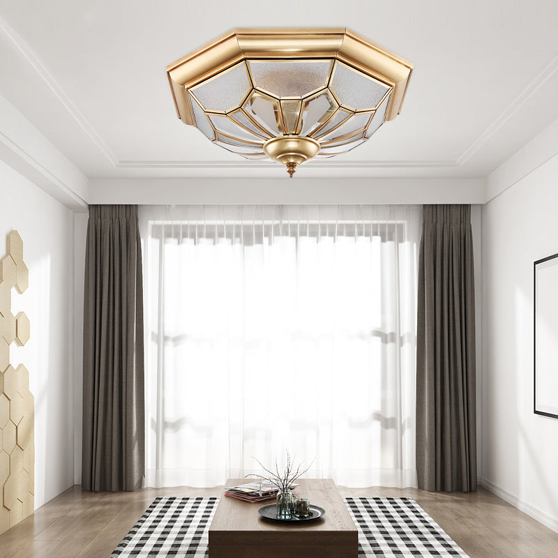 Colonial Brass Seeded Glass Flush Light Fixture For Bedroom - 3-Bulb Ceiling Mount