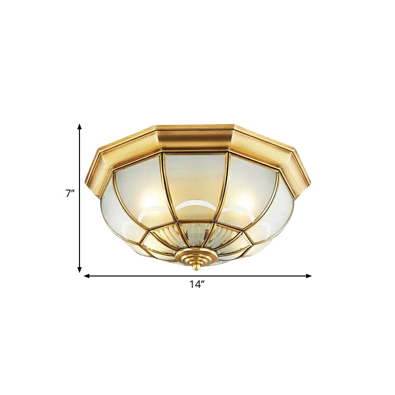 Colonialist Flush Mount Lamp For Bedroom - Frosted Glass Brass Ceiling Dome (3/4/6 Heads) 14/18/23.5
