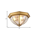 Brass Flush Mount Lamp With Sandblasted Glass Bowl - Colonial Style Ceiling Fixture For Study Room