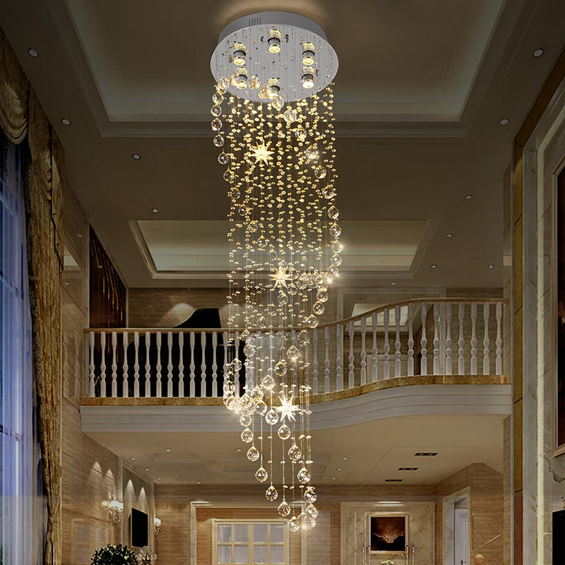 Contemporary Crystal 6-Head Spiral Flushmount Ceiling Fixture In Stainless Steel